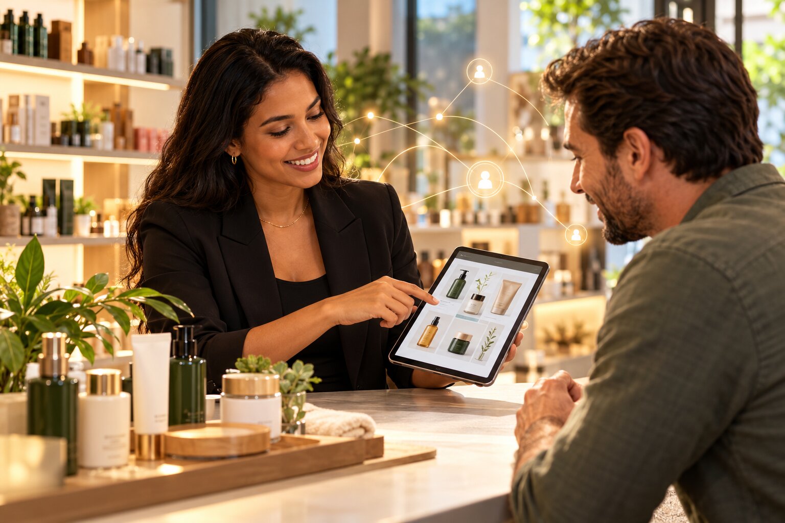 Consultora apresentando produtos em um tablet