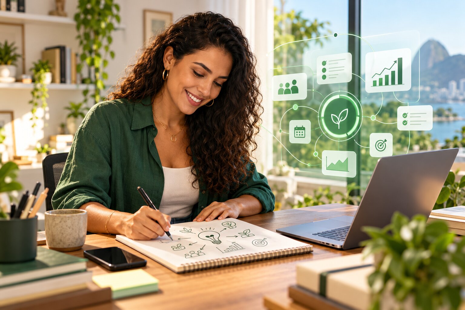 Empreendedora organizando um projeto no computador